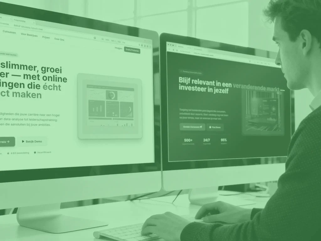 Digital marketing specialist voert A/B-test en conversieoptimalisatie uit op twee websitevarianten om de omzet te verhogen in een moderne kantooromgeving.