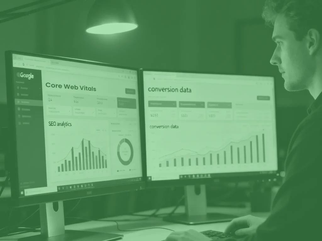 Realistische foto van een marketeer die website-snelheid, technische SEO en conversie data analyseert op meerdere schermen.