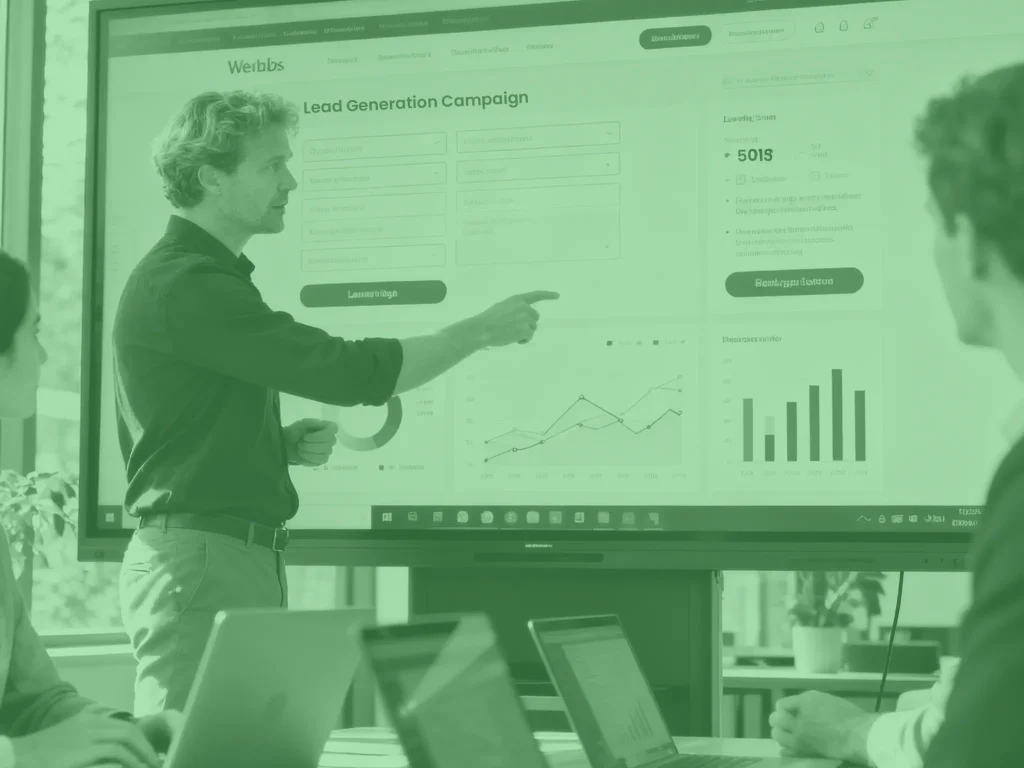 Foto van een digital strategist die een lead generation website met conversie-elementen presenteert tijdens een teammeeting.