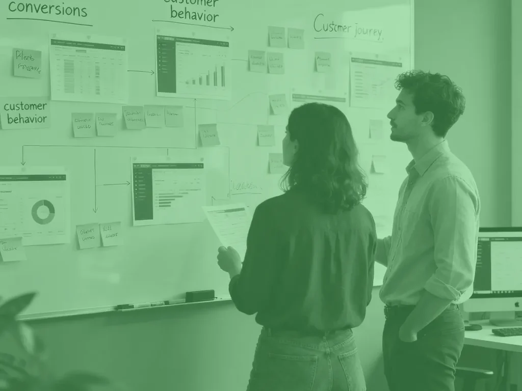 Team van marketeers analyseert conversie- en funneldata van een lead generation website.