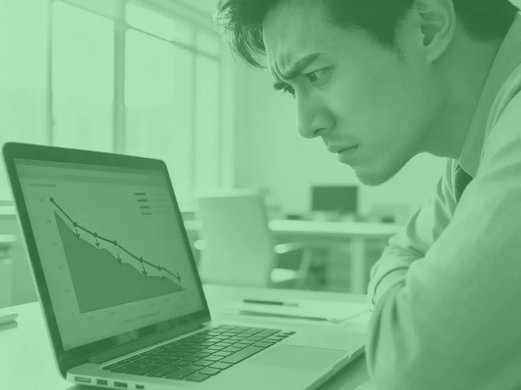 Ondernemer kijkt bezorgd naar laptop met dalende omzetgrafiek – meer omzet online verbeteren.