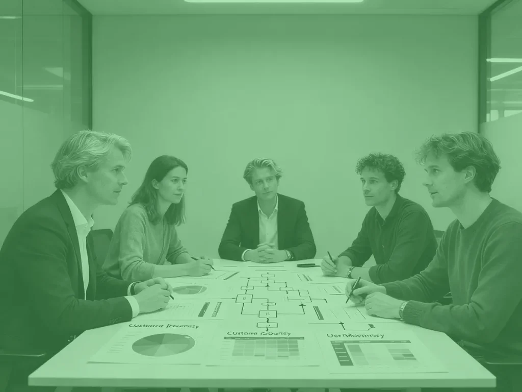 Team van specialisten bespreekt data en klantgedrag om te begrijpen waarom een website te weinig omzet genereert.