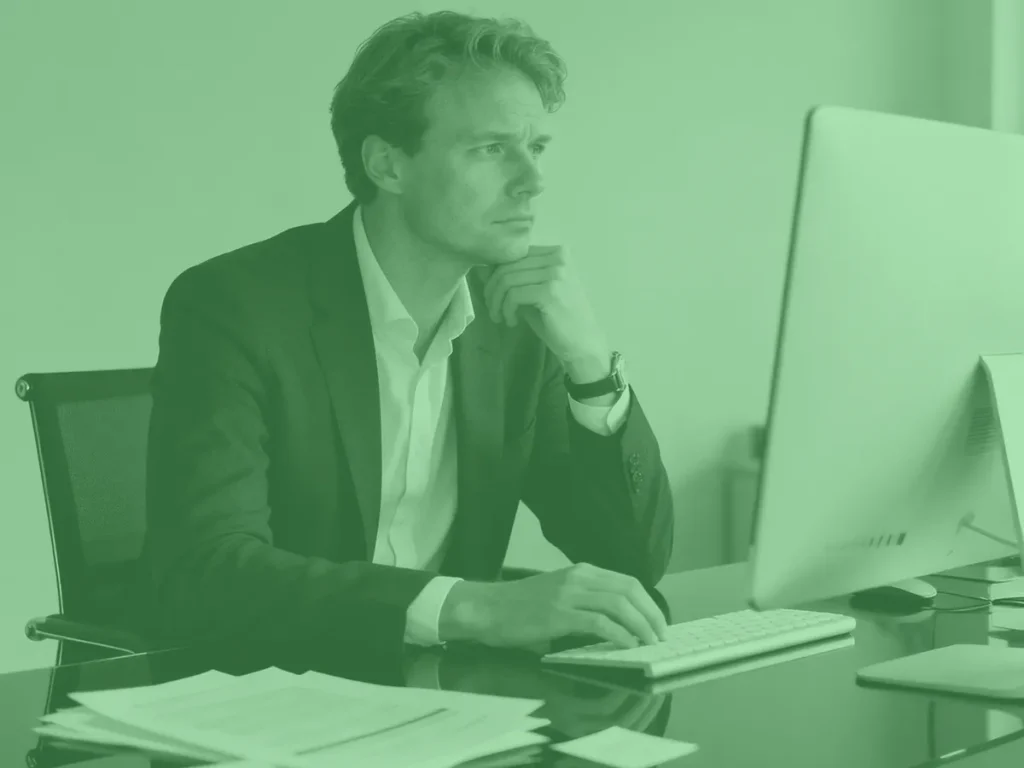 Ondernemer kijkt nadenkend naar zijn computer terwijl hij zich afvraagt waarom zijn website niet meer omzet oplevert.