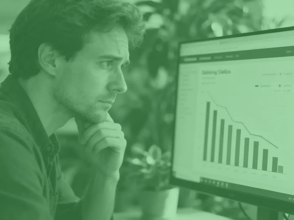 Ondernemer kijkt bezorgd naar dalende cijfers – meer omzet website verbeteren.