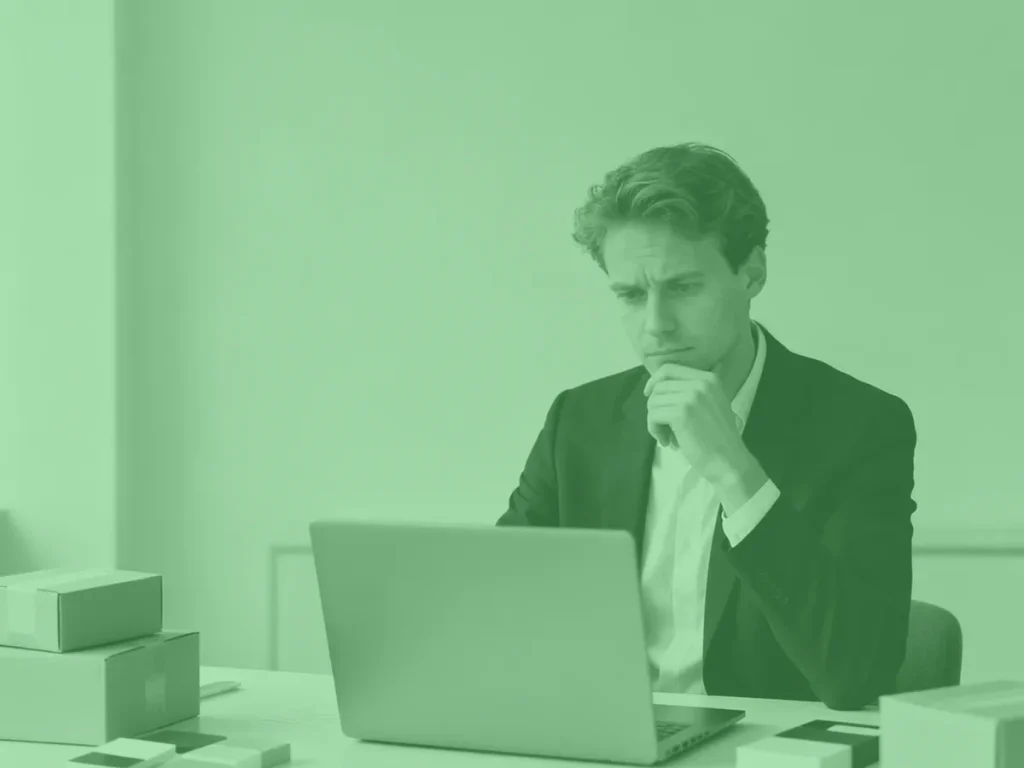 Webwinkel eigenaar kijkt bedenkelijk naar zijn laptop terwijl hij nadenkt over hoe hij meer omzet webwinkel kan genereren.