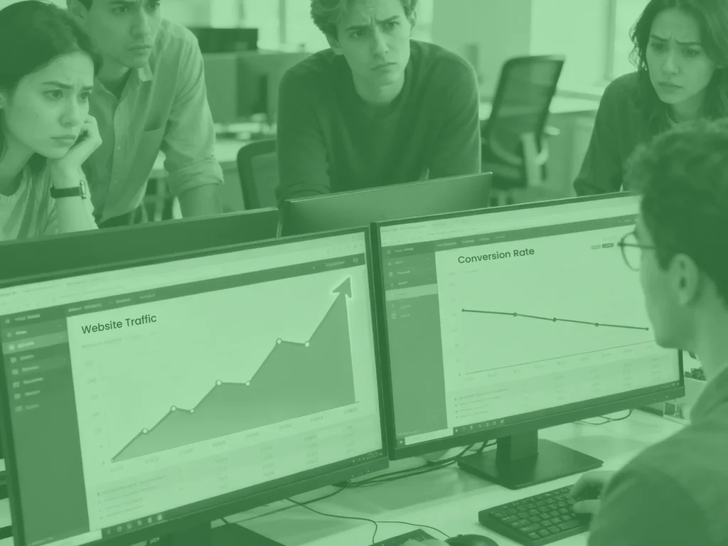 Realistische foto van een marketingteam dat meer verkeer minder omzet analyseert op meerdere schermen.