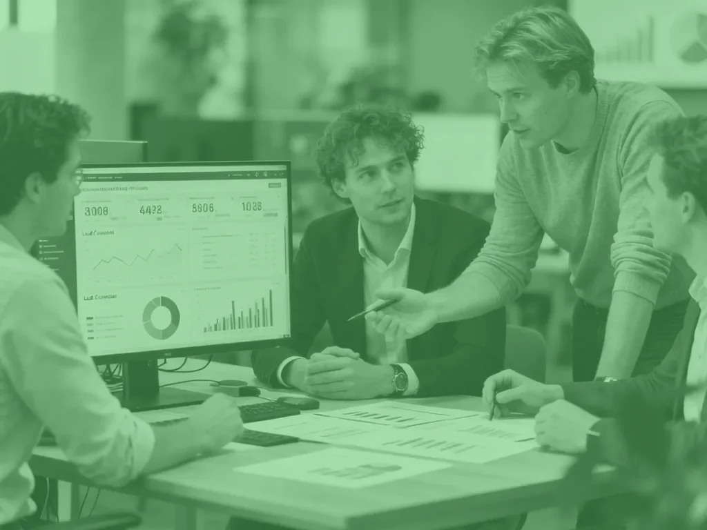 Team van digital marketeers bespreekt conversieanalyse binnen een online lead generation strategie.