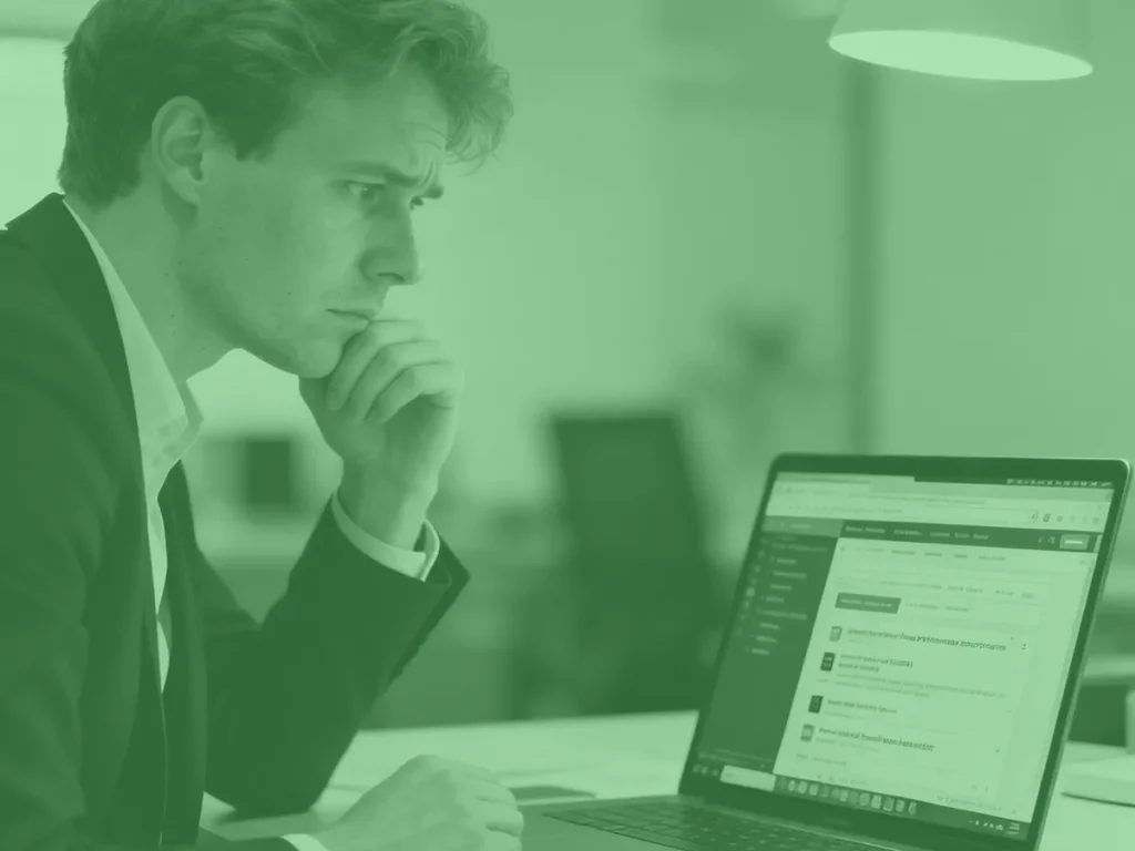 Marketing professional kijkt bedachtzaam naar laptop tijdens analyse van online lead generation resultaten.