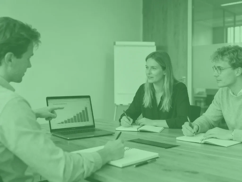 Marketingteam analyseert conversiegegevens om oorzaken van lage online leadgeneratie te begrijpen.