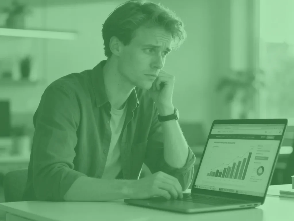 Ondernemer bekijkt website statistieken met lichte frustratie over lage resultaten in online leadgeneratie.