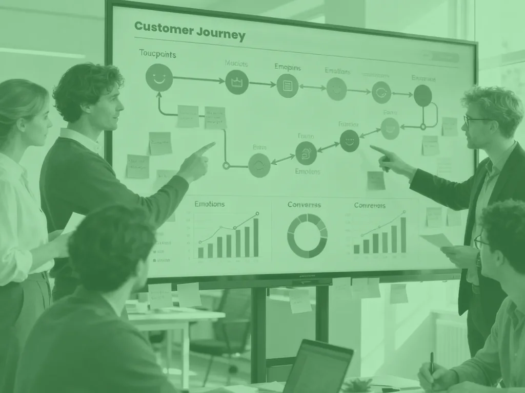 Marketingteam analyseert een customer journey map op groot digitaal scherm – visualisatie van klantreis en omzetgroei strategie