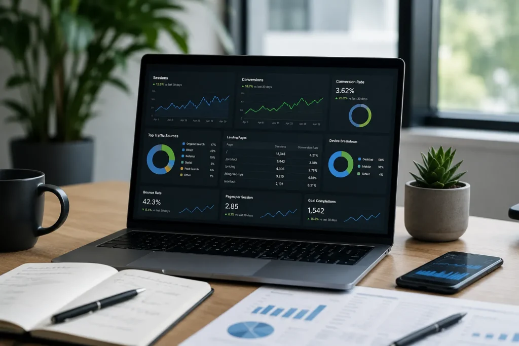 Dashboard interface met data-gedreven optimalisatie metrics en grafieken op laptopscherm