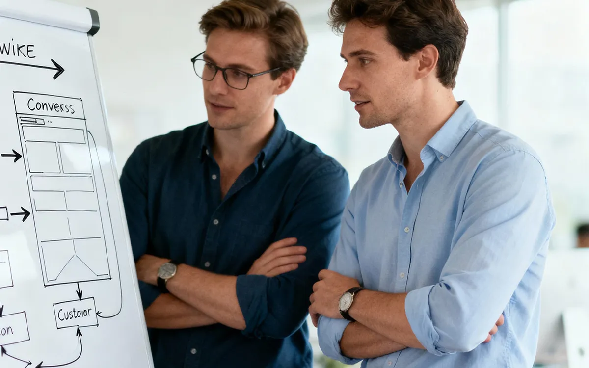 Twee zakelijke dienstverleners ontwikkelen een B2B leadgeneratie strategie met customer journey mapping op whiteboard