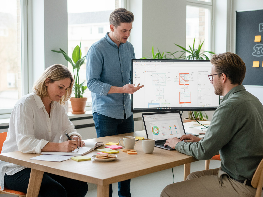 Webshop conversie verhogen door UX-optimalisatie: marketingteam analyseert data, klantreis en conversiecijfers op kantoor met dashboards en laptops.