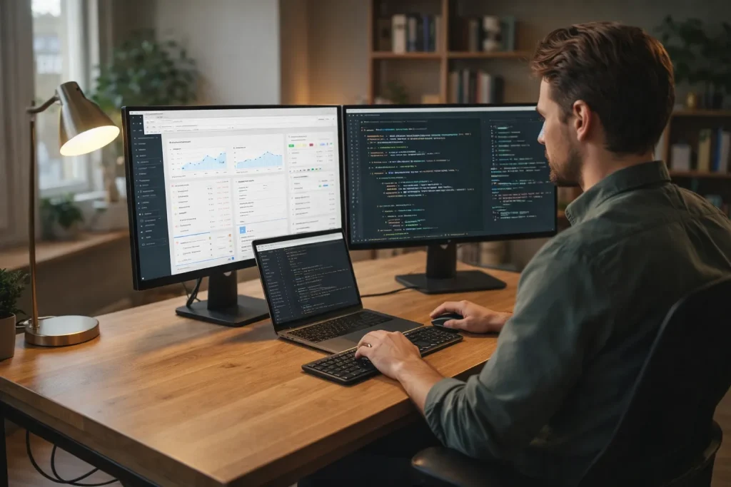 Ondernemer in warme home office met dual monitors en laptop, geconcentreerd bezig met WooCommerce webshop optimalisatie in het admin dashboard en een code editor met PHP- en JavaScript-aanpassingen.