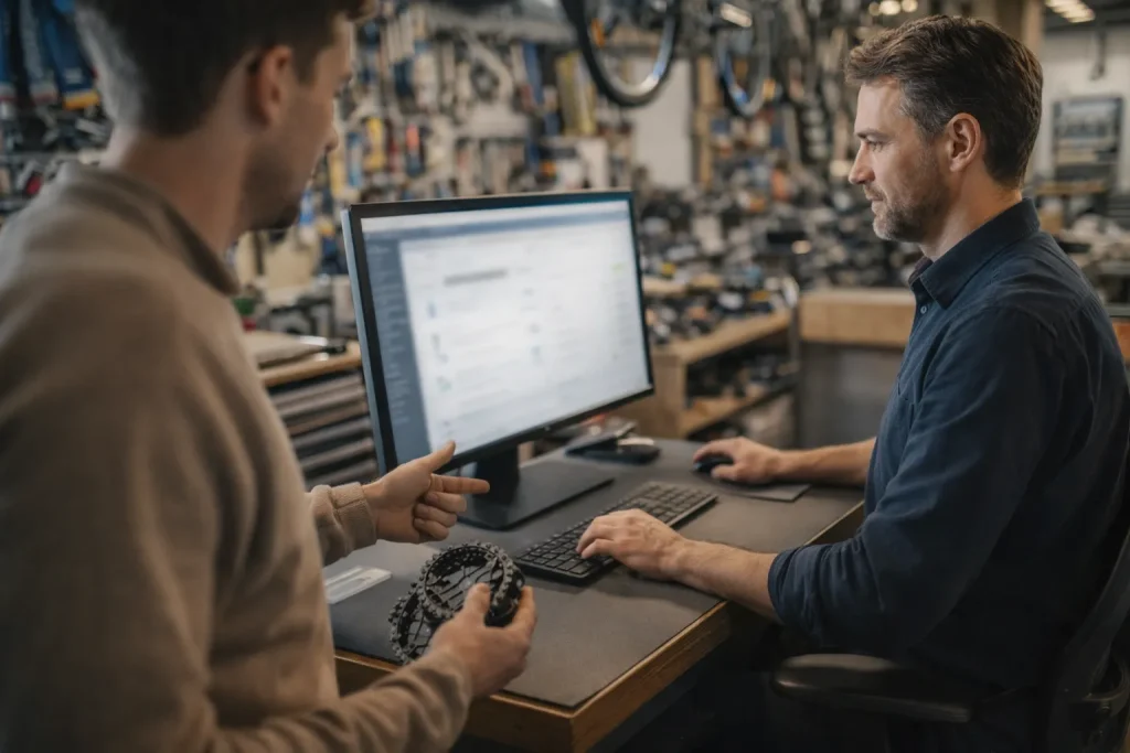 Eigenaar van een Nederlandse fietsenzaak bestelt een fiets-onderdeel via een computer voor een klant aan de balie, voorbeeld van een webshop platform fietsenbranche dat snelle B2B dropshipment en onderdelenbestellingen mogelijk maakt.