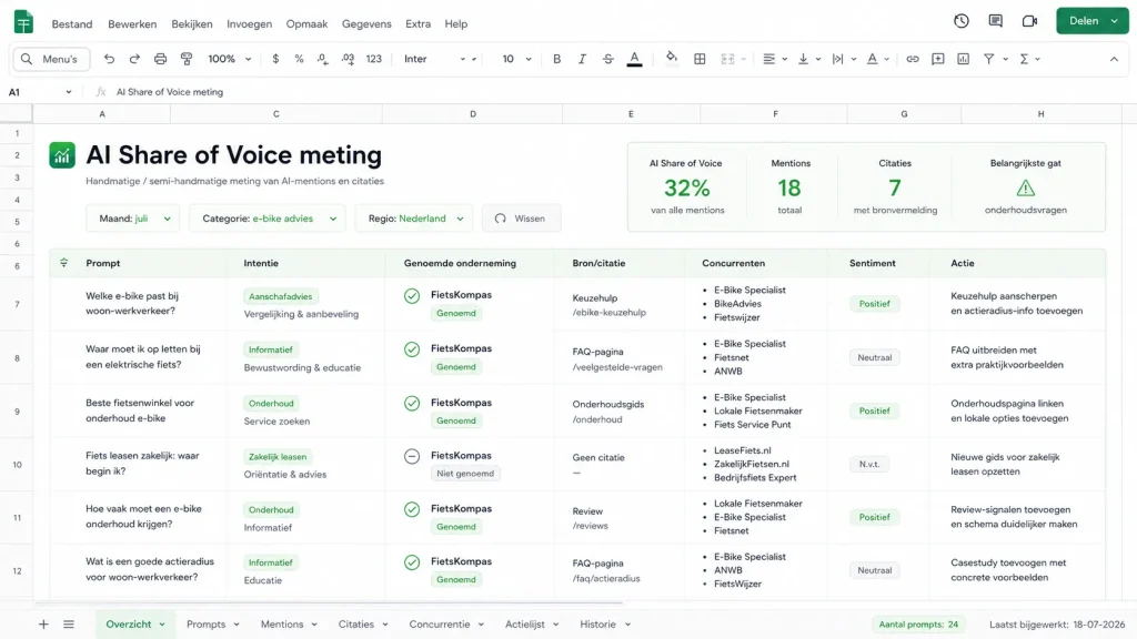 Screenshot van een spreadsheet voor AI Share of Voice met prompts, mentions, citaties, concurrenten en verbeteracties.