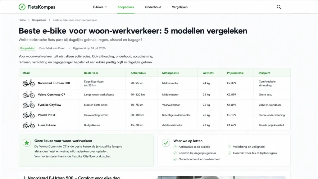 AI vindbaarheid voorbeeld van een blogartikel met productvergelijking voor de beste e-bike voor woon-werkverkeer.
