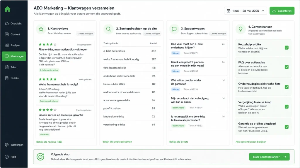 Screenshot van klantreviews, zoekopdrachten en supportvragen als input voor AEO marketing voor een fietsenwinkel.