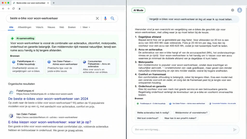 AI overview seo voorbeeld van een zoekresultatenpagina met AI Overview naast een AI Mode-scherm met uitgebreid AI-antwoord, bronlinks en vervolgvragen.